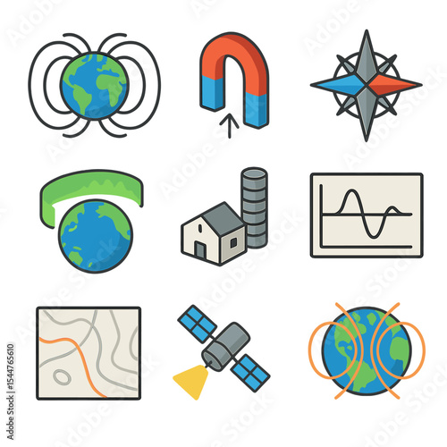 Earth Magnetism Icons. Isometric Flat icon set of Earth’s magnetism: globe with field lines, geomagnetic north, geomagnetic south,