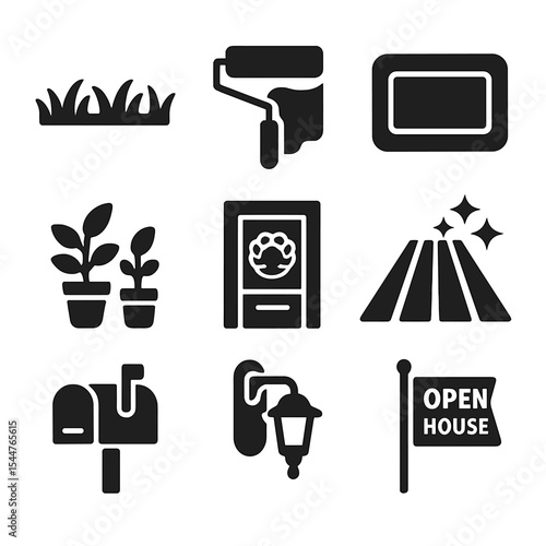 Curb Appeal Icons. Solid, filled icons set of curb appeal enhancements: trimmed lawn, fresh paint icon,