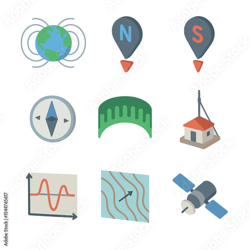 Earth Magnetism Icons. Isometric Flat icon set of Earth’s magnetism: globe with field lines, geomagnetic north, geomagnetic south,