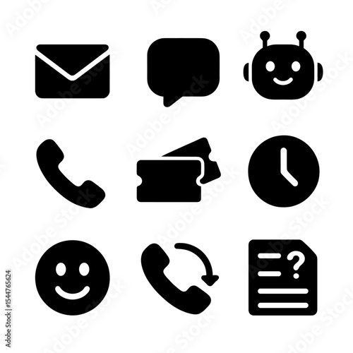 Customer Communication Icons. Solid, filled icons set of customer communication channels: email envelope, live