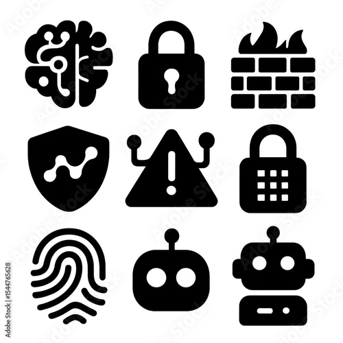 Cyber Defense Icons. Solid, filled icons set of automated cyber defense: AI brain, lock icon, firewall,