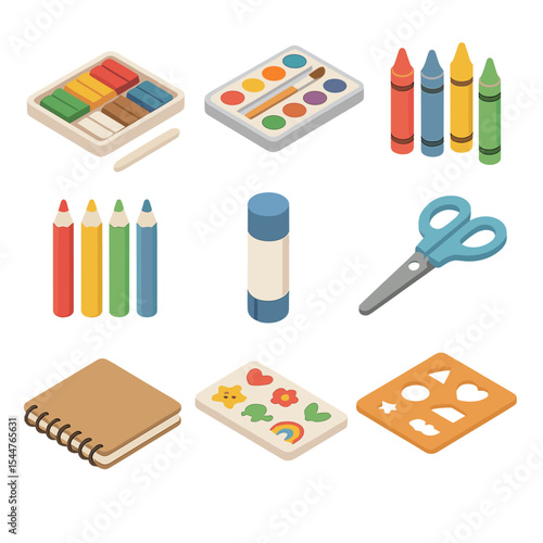 Art Supplies Grid. Isometric Flat icon set of art and craft toys: modeling clay, watercolor set, crayons, colored pencils, glue