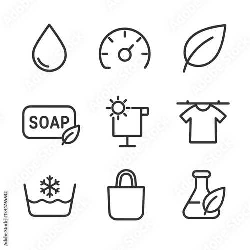 Eco Laundry Icons. Outline icon set of eco-friendly laundry practices: low water droplet, energy saving dial, green leaf,
