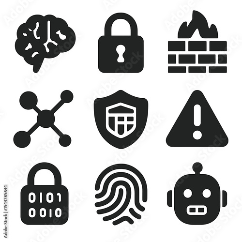 Cyber Defense Icons. Solid, filled icons set of automated cyber defense: AI brain, lock icon, firewall,