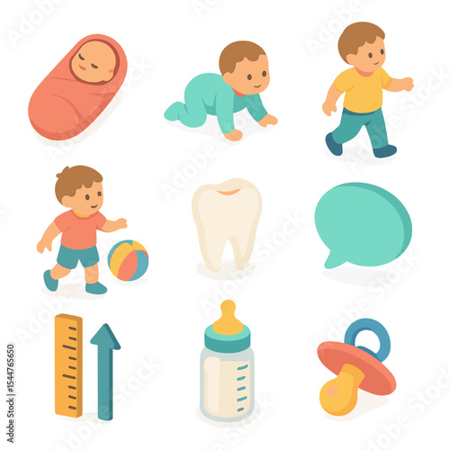 Early Childhood Icons. Isometric Flat icon set of Early Childhood Development Stages: newborn baby, crawling infant, toddler