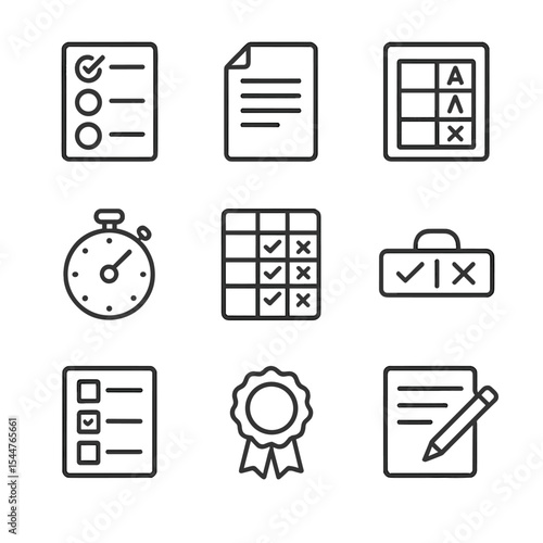 Assessment Icons Set. Outline icon set of assessments and evaluations: multiple choice, essay paper, gradebook, stopwatch timer,