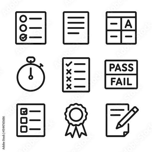 Assessment Icons Set. Outline icon set of assessments and evaluations: multiple choice, essay paper, gradebook, stopwatch timer,