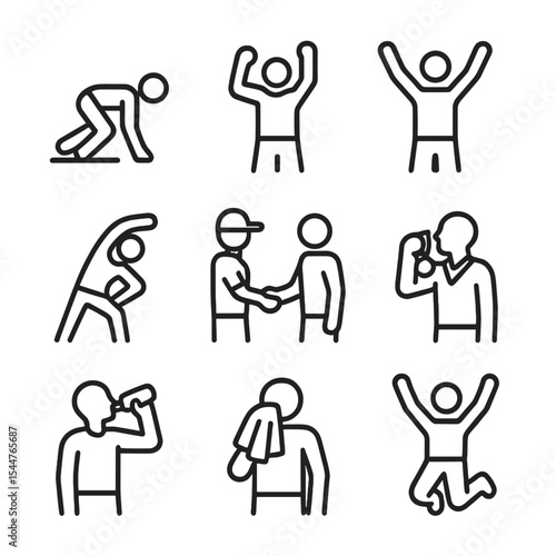 Athlete Gesture Icons. Outline icon set of athlete gestures: starting crouch, arm pump, victory pose, cool-down stretch, medal
