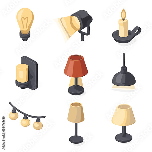 Atmospheric Lighting Icons. Isometric Flat icon set of atmospheric lighting fixtures: Edison bulb, spotlight beam, candle in