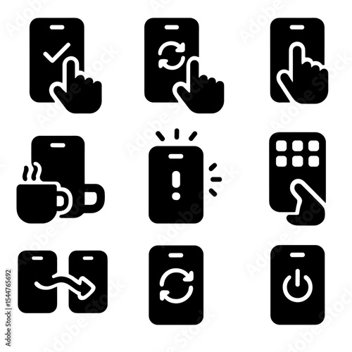 Daily Digital Routine Icons. Solid, filled icons set of daily digital routine: morning check, afternoon update