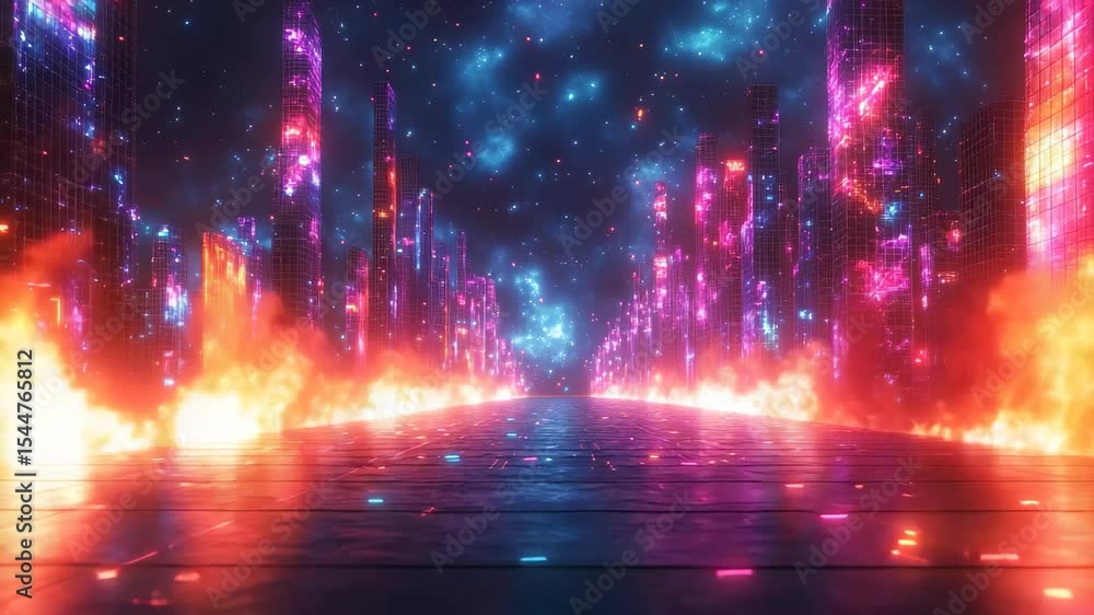 A mesmerizing journey through a neon cityscape where towering structures emanate vibrant colors, melding with flames that dance across the ground, creating a captivating spectacle of light and motion. A mesmerizing journey through a neon cityscape where towering structures emanate vibrant colors, melding with flames that dance across the ground, creating a captivating spectacle of light and motion.