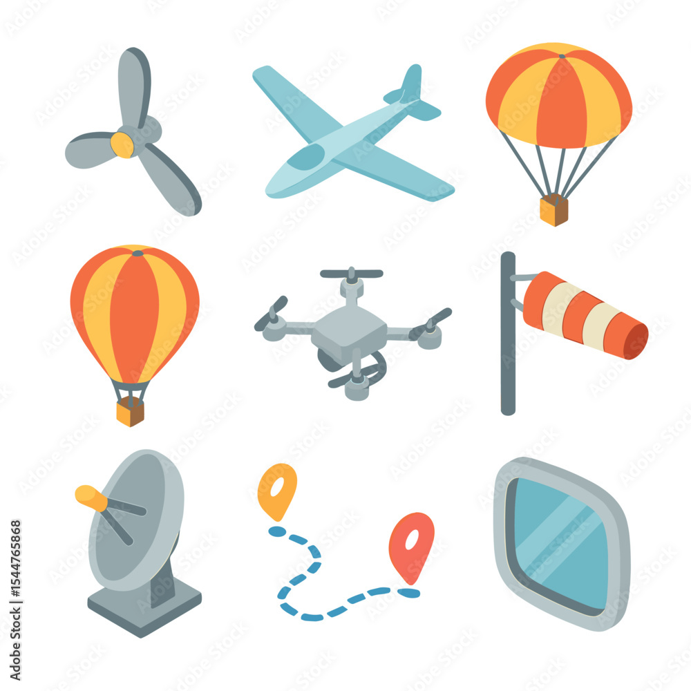 Naklejka premium Aviation Icon Collection. Isometric Flat icon set of aviation breezes: propeller, glider, parachute, hot air balloon, drone,