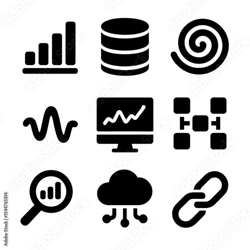 Data Analytics Icons. Solid, filled icons set of data and analytics: data chart, database icon, data swirl,