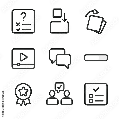 Educational Interaction Icons. Outline icon set of educational interactions: quiz question, drag-and-drop exercise, flashcard flip