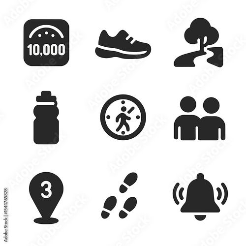 Daily Walking Icons. Solid, filled icons set of daily walking challenges: step counter, walking shoe, park