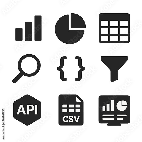 Data Journalism Icons. Solid, filled icons set of data journalism elements: bar chart, pie graph, spreadsheet,