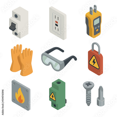 Electrical Safety Icons. Isometric Flat icon set of electrical safety and compliance: circuit breaker icon, GFCI outlet plate, RCD