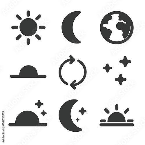 Day-Night Cycle Icons. Solid, filled icons set of day and night cycle: sun icon, moon icon, Earth globe, horizon line, stars icon, rotation arrows, twilight icon, night icon, daylight icon.