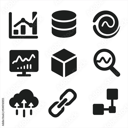 Data Analytics Icons. Solid, filled icons set of data and analytics: data chart, database icon, data swirl,