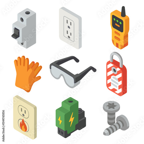 Electrical Safety Icons. Isometric Flat icon set of electrical safety and compliance: circuit breaker icon, GFCI outlet plate, RCD