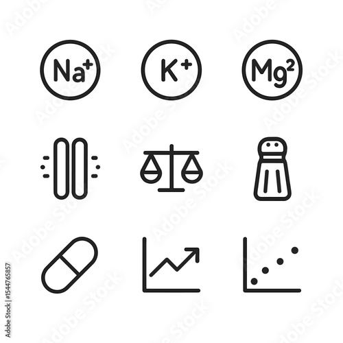 Electrolyte Icon Set. Outline icon set of electrolyte imbalance: sodium ion, potassium ion, magnesium ion, calcium ion, ion