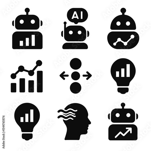 Data Analysis Icons. Solid, filled icons set of data analysis and insights: data bot, AI insight, chart bot,