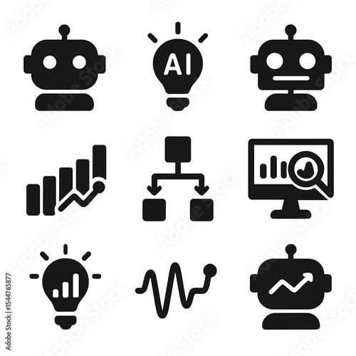 Data Analysis Icons. Solid, filled icons set of data analysis and insights: data bot, AI insight, chart bot,