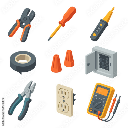 Electrical Tools Icons. Isometric Flat icon set of electrical repairs: wire stripper, insulated screwdriver, voltage tester,