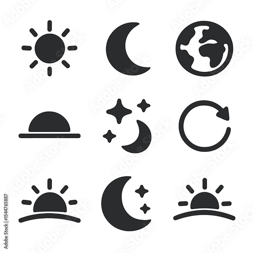 Day-Night Cycle Icons. Solid, filled icons set of day and night cycle: sun icon, moon icon, Earth globe, horizon line, stars icon, rotation arrows, twilight icon, night icon, daylight icon.