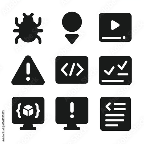 Debugging Icons Grid. Solid, filled icons set of code debugging and testing: bug icon, breakpoint marker, run