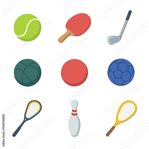 Ball Game Essentials Icons. Isometric Flat icon set of ball game essentials: tennis ball, ping-pong paddle, golf club, bocce ball,