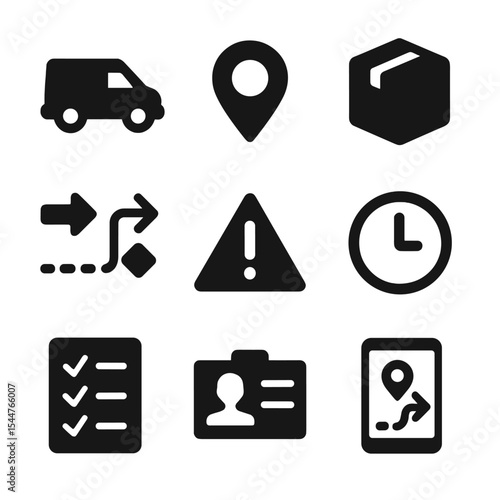 Delivery Icons Grid. Solid, filled icons set of delivery route planning: delivery van, address marker, parcel