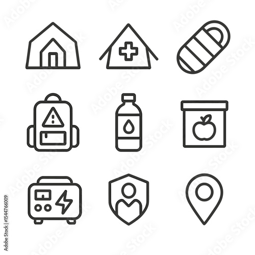 Emergency Shelter Icons. Outline icon set of emergency shelter coordination: temporary shelter, first aid tent, sleeping bag,