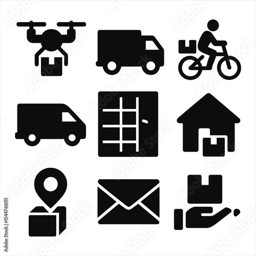Delivery Methods Icons. Solid, filled icons set of delivery methods: drone delivery, truck, bike, van, locker