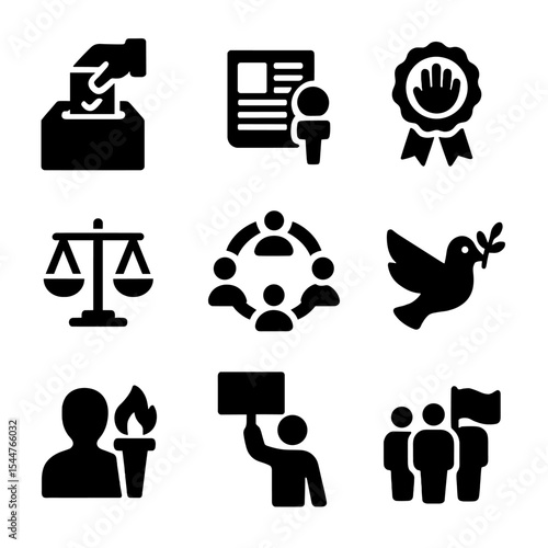 Democratic Values Icons. Solid, filled icons set of democratic values in politics: free election icon, press