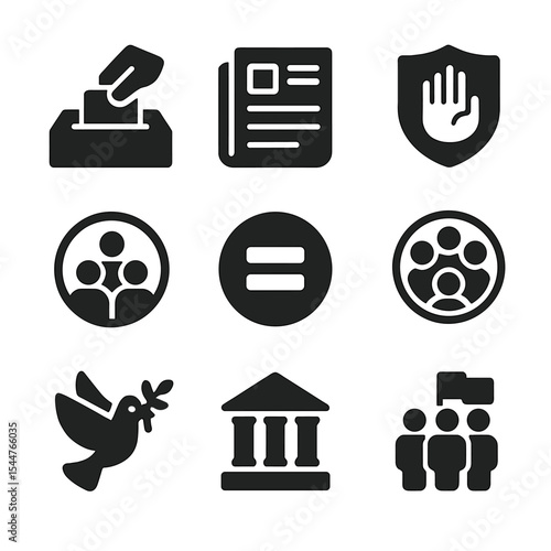 Democratic Values Icons. Solid, filled icons set of democratic values in politics: free election icon, press