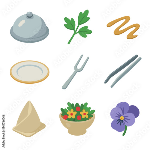 Elegant Culinary Icons. Isometric Flat icon set of plating and presentation: serving platter, garnish sprig, sauce drizzle, fine