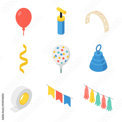 Balloon Decoration Icons. Isometric Flat icon set of balloon and banner décor: latex balloon, balloon pump, arch frame strip,