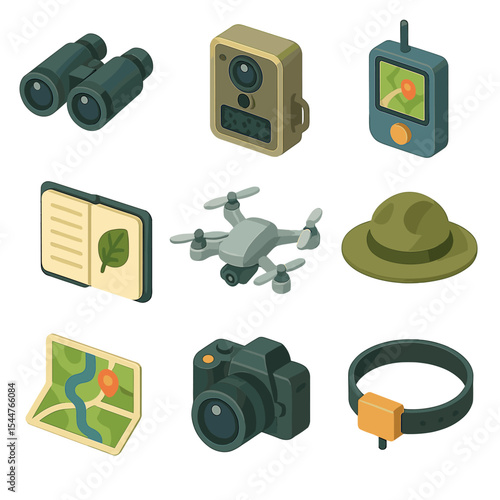 Endangered Species Tools. Isometric Flat icon set of endangered species monitoring: binoculars, camera trap, GPS tracker, field