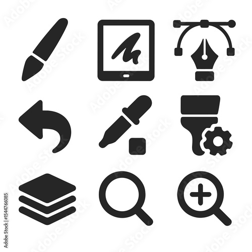 Digital Calligraphy Icons. Solid, filled icons set of digital calligraphy and lettering: stylus pen, digital
