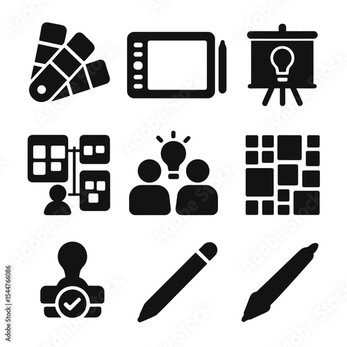Designer Teamwork Icons. Solid, filled icons set of designer and artist teamwork: color palette, drawing