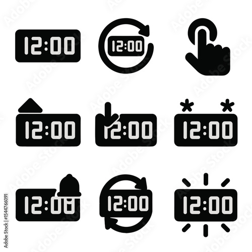 Digital Clock Icons. Solid, filled icons set of digital clock reset: clock display, time setting, reset button