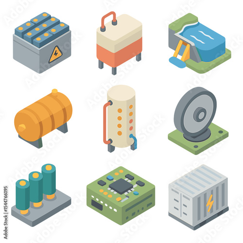 Energy Storage Icons. Isometric Flat icon set of energy storage solutions: lithium-ion battery pack, flow battery tank, pumped