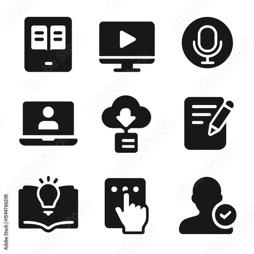 Digital Learning Icons. Solid, filled icons set of digital knowledge tools: e-book reader, video course, podcast app, webinar software, document cloud, online notes, knowledge wiki, 