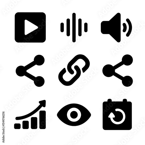Digital Media Icons Grid. Solid, filled icons set of digital media highlights: video play, podcast wave, audio