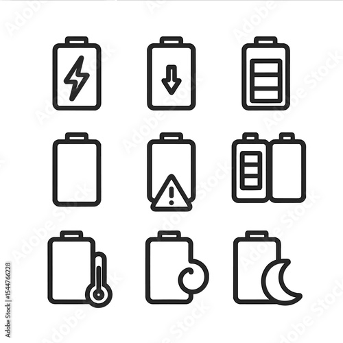 Battery System Icons. Outline icon set of battery and power system indicators: charging, discharging, full charge, overvoltage,