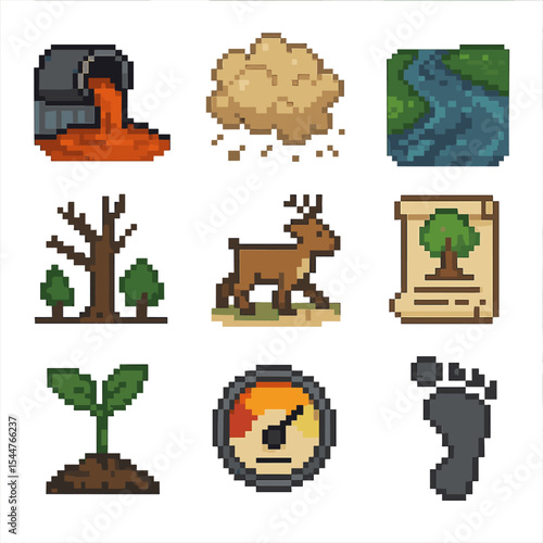 Environmental Impact Icons. Pixel art icon set of environmental impacts: acid mine drainage, dust cloud, polluted river,