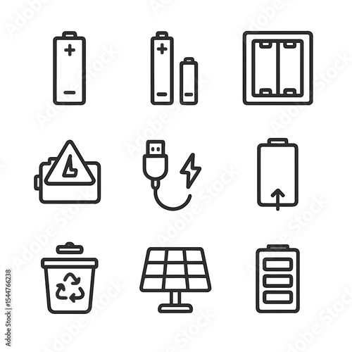 Battery Icon Set. Outline icon set of battery and power indicators: AA battery, AAA battery, battery compartment, low-battery
