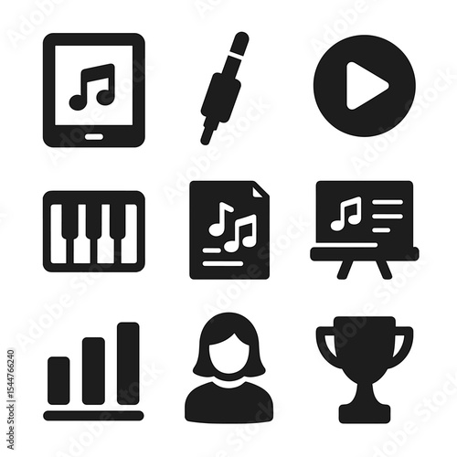 Digital Music App Icons. Solid, filled icons set of digital music learning apps: tablet screen, headphone jack