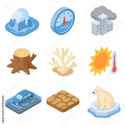 Environmental Impact Icons. Isometric Flat icon set of environmental impacts of emissions: melting glacier, rising sea level gauge